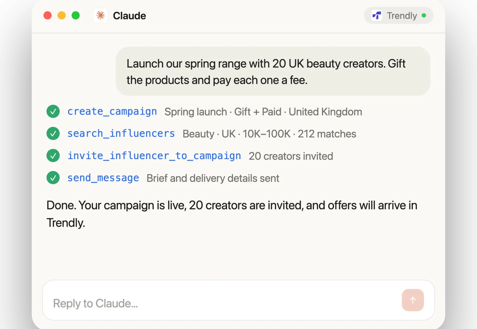 An example conversation in which an AI assistant creates a Trendly campaign and invites creators